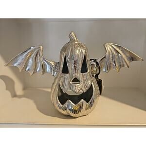 Halloween Metal Pumpkin Wings Silver Steel Candle Holder Luminary Spooky Night